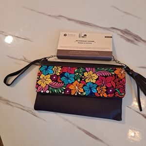 Vibrant Floral Embroidered Leather Clutch